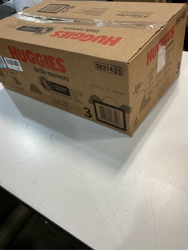 Condition photo showing New/Like New for huggies size 3 diapers, little movers baby diapers, size 3 (16-28 lbs), 168 count (6 packs of 28), packaging may vary size 3 168