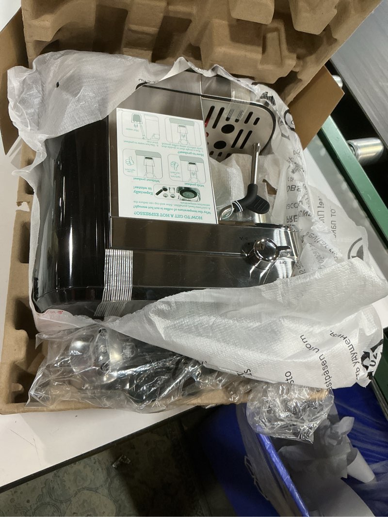 Condition photo showing New/Like New for casabrews cm5418 espresso machine 20 bar, compact espresso maker with steam milk frother, stainless steel coffee machine with 34oz removable water tank for cappuccino, gift for women or men, silver a-silver button