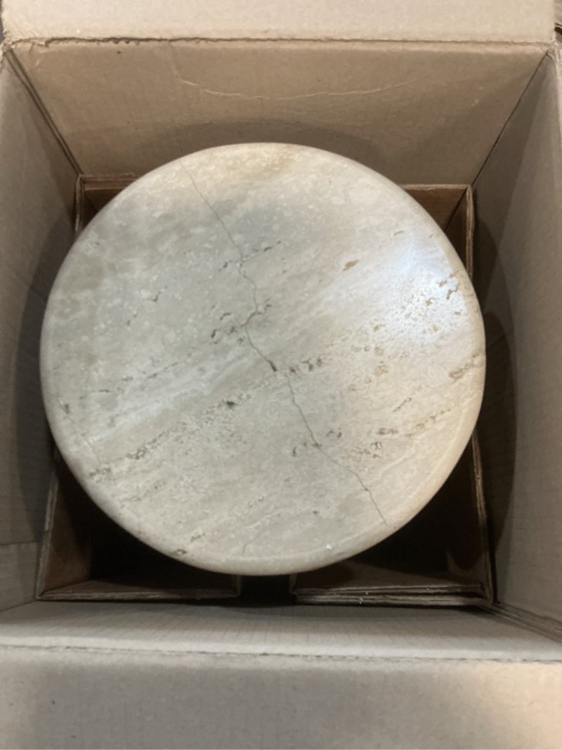 Condition photo showing As Is for bali & pari usama end table with marble stone top - sculpted pedestal accent side table for living room or entryway