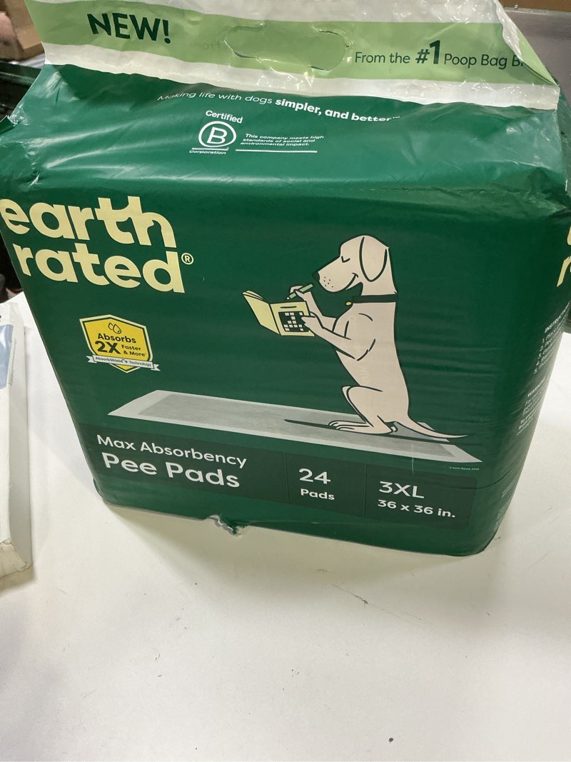 Condition photo showing New/Like New for Earth Rated Max Absorbency Puppy Pee Pads for Dogs Absorbs 2X Faster & 2X More, Leak-Proof Odor-Free Potty Training Wee Wee Pad, Unscented, 3XL, 36” x 36”, 24 Count 3XL 36"x36" 24-ct