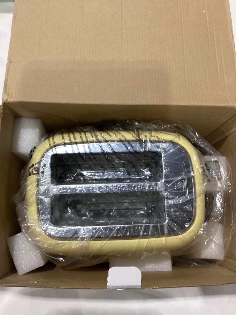 Condition photo showing New/Like New for toaster 2 slice retro stainless steel with 1.5” extra wide slots bagel, defrost, reheat, cancel functions, 6 bread shade settings, removable crumb tray, yellow
