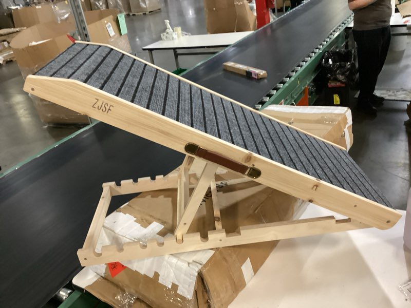 Condition photo showing Good Condition for dog ramp for bed, 40 inch dog ramp for couch, supports up to 150lbs, with 10.2" to 26.8" 7 height setting, non slip carpet surface and foot pads, wooden folding pet ramps for high bed, sofa dog ramp with 7 adjustable heights