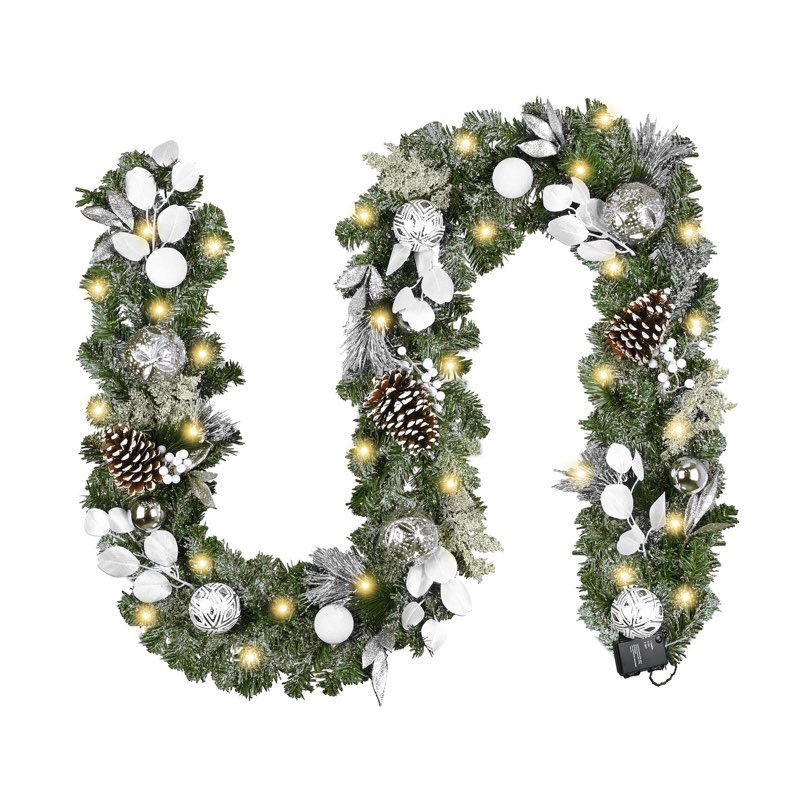 valery madelyn 9 feet pre-lit christmas garland with lights for mantle, lighted outdoor xmas garland with snowy white ball pinecones for home stairs fireplace table centerpiece indoor holiday decor