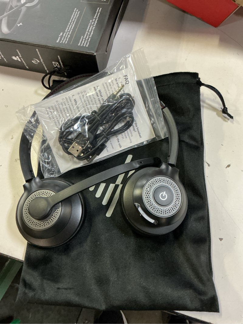 Condition photo showing Good Condition for jiamqishi wireless headset with mic for work, bluetooth v5.2 headphones with ai noise cancelling microphone, usb dongle, clear calls & mic mute, for laptop, pc, iphone & android phones black