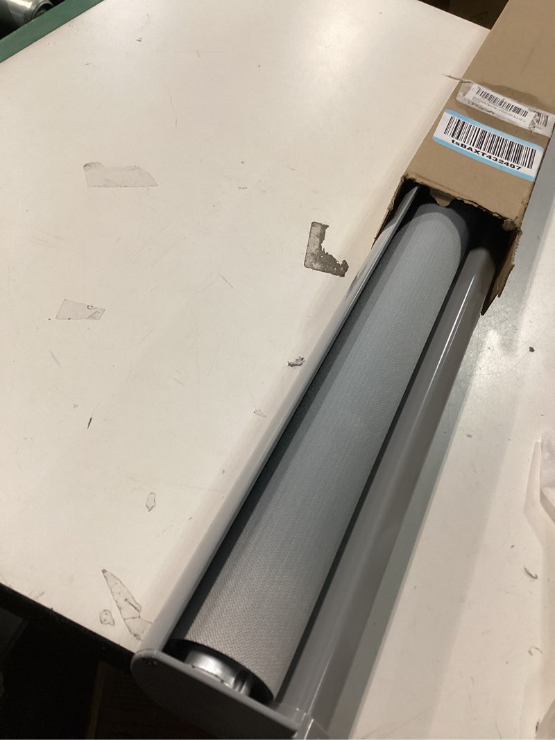 Condition photo showing As Is for ChrisDowa Cordless 100% Blackout Roller Shade, with Striped Jacquard, Thermal Insulated, UV Protection Fabric, Total Blackout Blinds for Window, French Doors, Home and Office. Light Grey, 45"W x 72"H 45"W x 72"H Light Grey