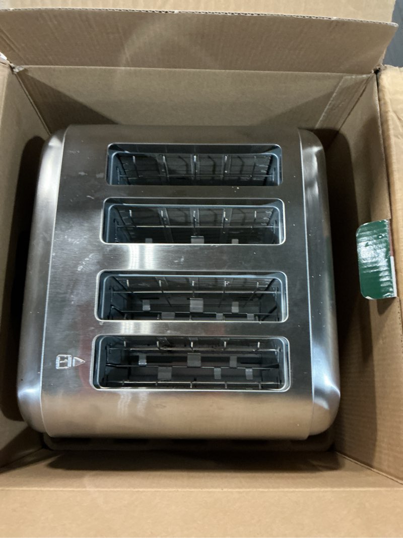 Condition photo showing As Is for Cuisinart 4 Slice Compact Stainless Steel Toaster with Extra-Wide Slots for Bread, French Toast, Bagels & Pastries, Defrost & Reheat Functions, CPT-180P1, Brushed Stainless, Removable Crumb Tray