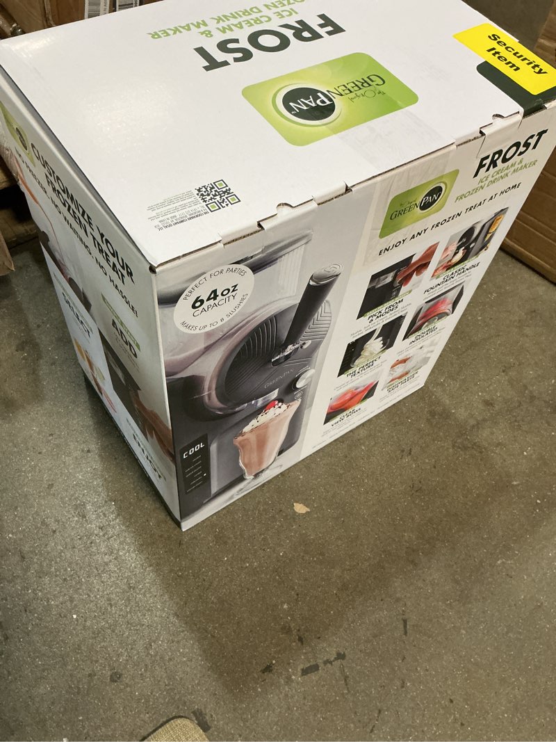 Condition photo showing New/Like New for greenpan frost ice cream maker & slushie machine, soft serve, sorbet, margaritas, milkshakes, frozen yogurt, no pre-freezing, ready in 15 mins, 6 modes, 7 textures, self-cleaning, family size, gray 4 pint ice cream & frozen drink maker licorice gray