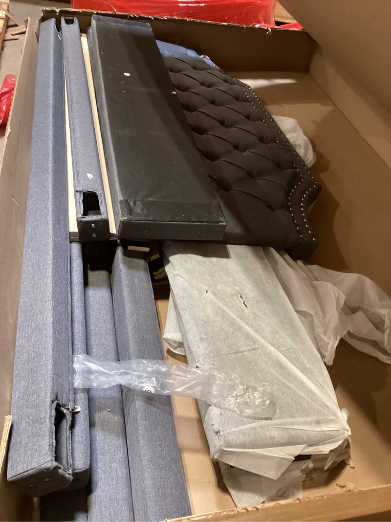 Condition photo showing As Is for IDEALHOUSE Full Size Canopy Bed Frame with Nailhead Decoration Headboard?Upholstered Bed Frame with Poles 4 Corner Bed Bracket,Solid Wood Slats Support,No Box Spring Needed,Noise Free,Gray Grey Full