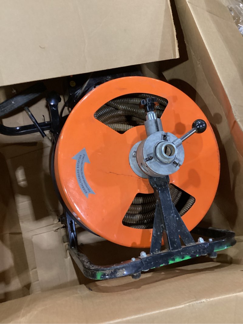 Condition photo showing Good Condition for vevor 100ft x 3/4 inch drain cleaner machine sewer auger auto feed with 4 cutter & air-activated foot switch for 4" to 8" pipes, orange, black 100 ft x 3/4''
