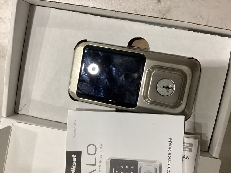 Condition photo showing As Is for kwikset halo wi-fi smart lock, keyless entry door deadbolt, geofence auto-unlock, grade aaa certified, no hub required easy install, satin nickel lifetime finish warranty, touchscreen satin nickel smart lock