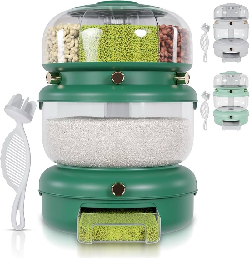 Rice & Multi-Grain Dispenser – Airtight 3-in-1 Rotating Food Storage with Strainer, Holds Up to 22 l