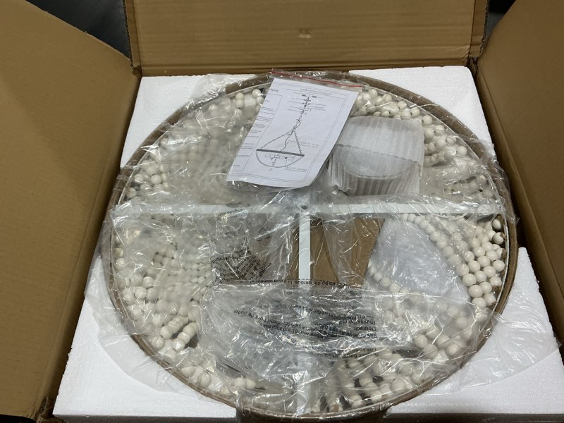 Condition photo showing New/Like New for 5 lights bohemia wood beaded chandelier farmhouse antique rustic pendant light for bedroom kitchen island dining living room, white, dia 22 inch a-round