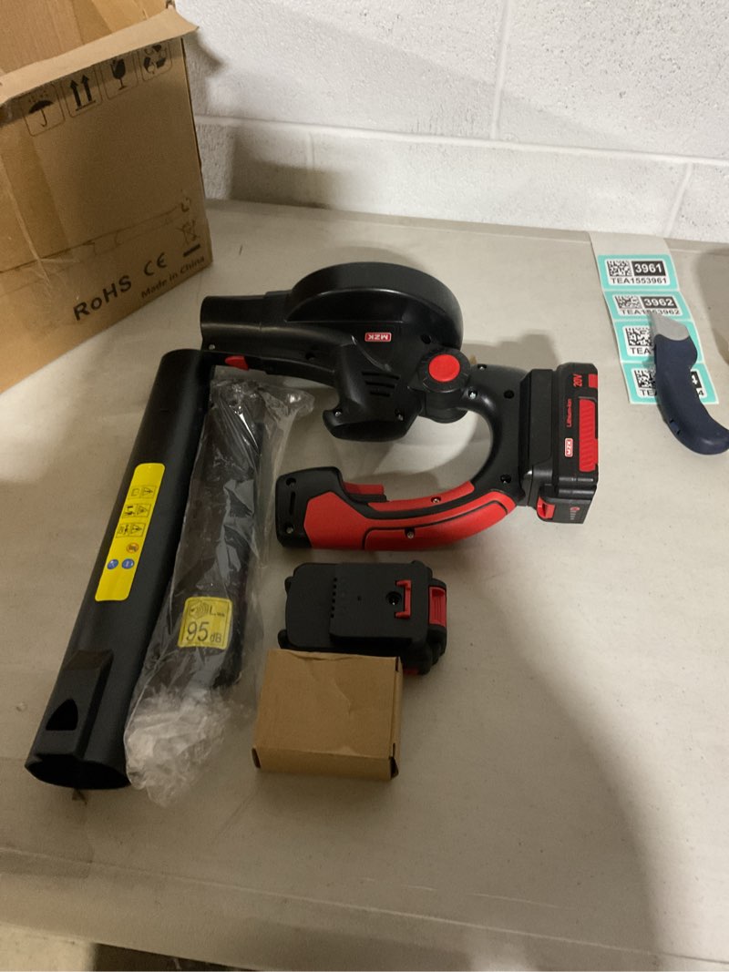 Condition photo showing As Is for mzk cordless leaf blower,20v battery powered electric blower for lawn care, electric lightweight leaf blower for blowing leaves, patio cleaning, lawn care and dust(2 * 2ah battery & charger included)