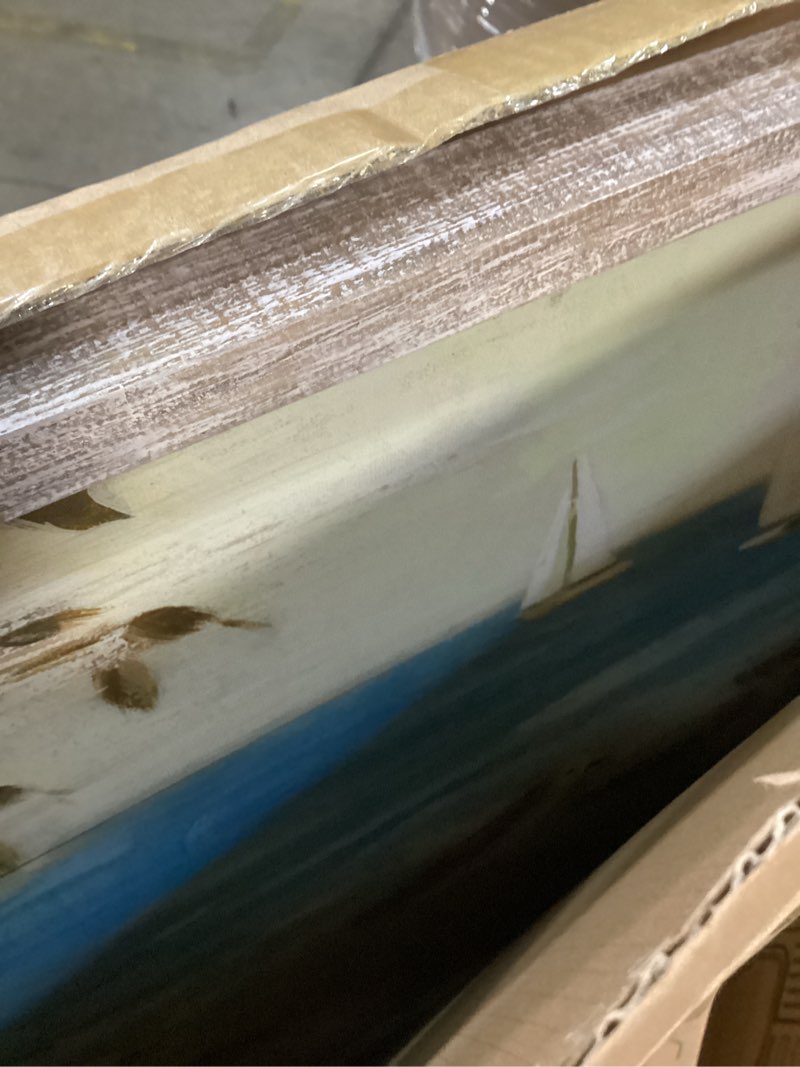 Condition photo showing Good Condition for Beach Framed Wooden Wall Art: Abstract Coastal Oil Painting Style Sea Bird Pictures Seascape Prints 