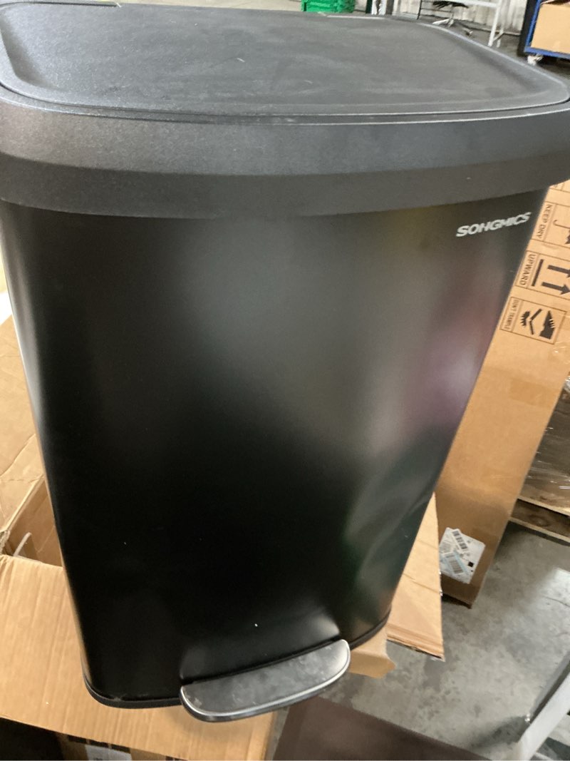 Condition photo showing As Is for songmics kitchen trash can, 21 gallon (80 l) stainless steel garbage can, with stay-open lid and step-on pedal, soft closure, tall, large and space-saving, black ultb534b01 21 gallons black