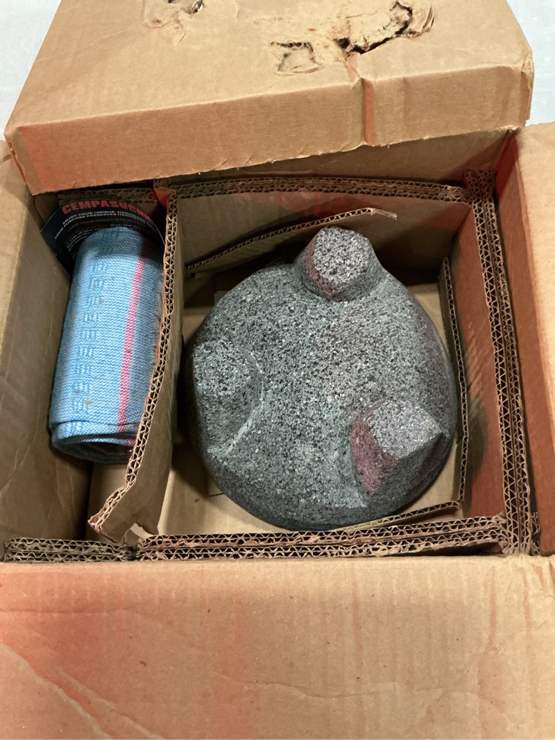 Condition photo showing Good Condition for authentic molcajete mexicano made of volcanic rock | 3 pcs set (1 mortar + 1 pestle + 1 mextowel) high-heat resistant, mexican mortar and pestle set, guacamole bowl and masher