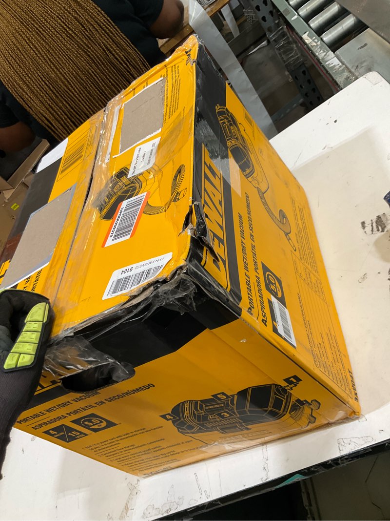 Condition photo showing As Is for dewalt dxv04t 4 gallon wet/dry shop vacuum, 5 peak hp portable corded vac with utility and crevice nozzles