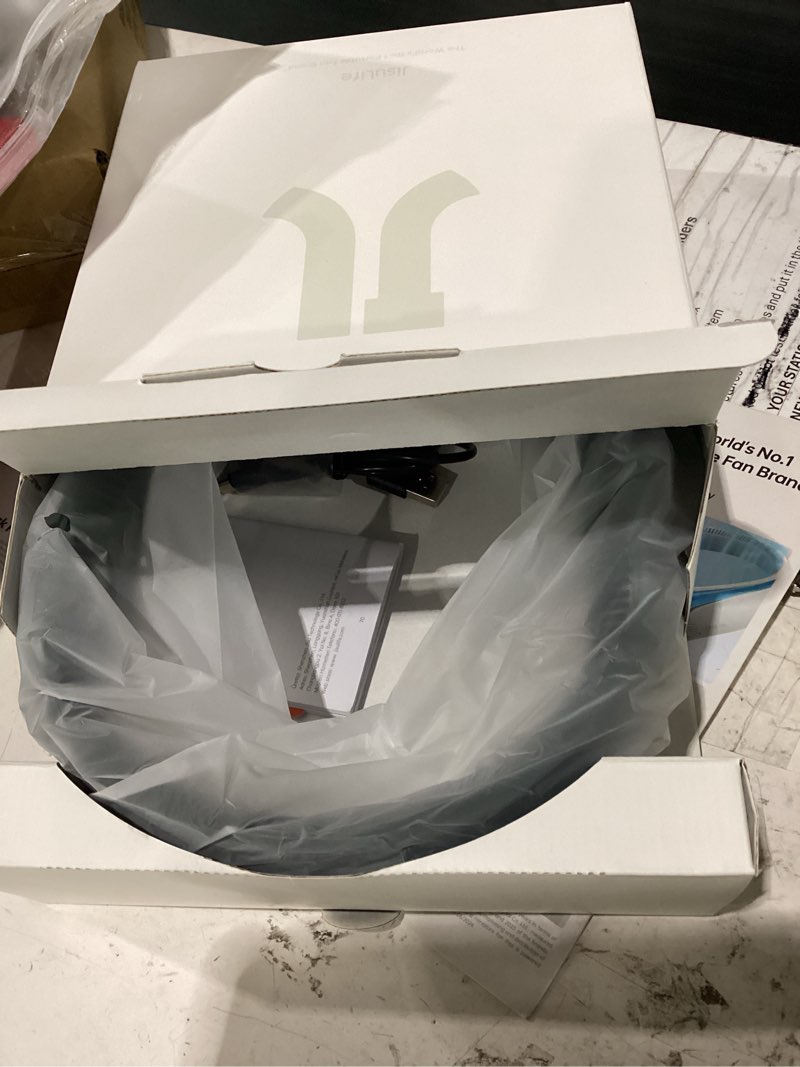 Condition photo showing New/Like New for jisulife portable neck fan, hands free bladeless fan, 5 speeds, 4000 mah battery operated wearable personal fan, twistable, rechargeable, gift for women men-dark green