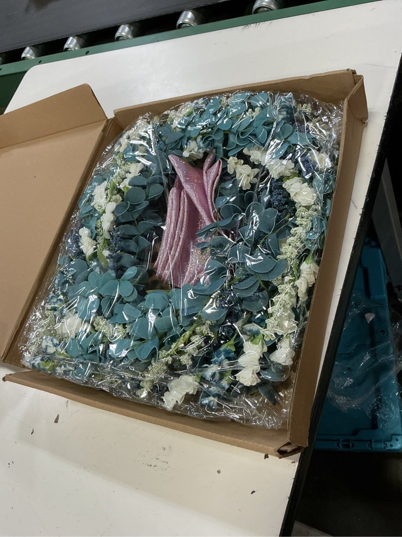 Condition photo showing Good Condition for 22 inch blue floral wreath for front door, artificial spring summer wreath with free pink sash, all seasons eucalyptus greenery wreath for indoor outdoor home wall wedding decor