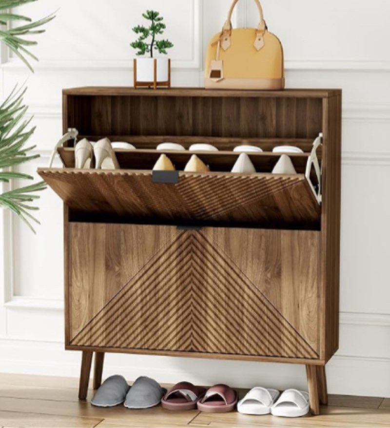 shoe cabinet with 2 flip drawers, 31.5\" hidden shoes storage cabinet with fluted panel, freestanding shoe cabinet organizer with wooden legs, adjustable shelves, narrow shoe rack cabinet