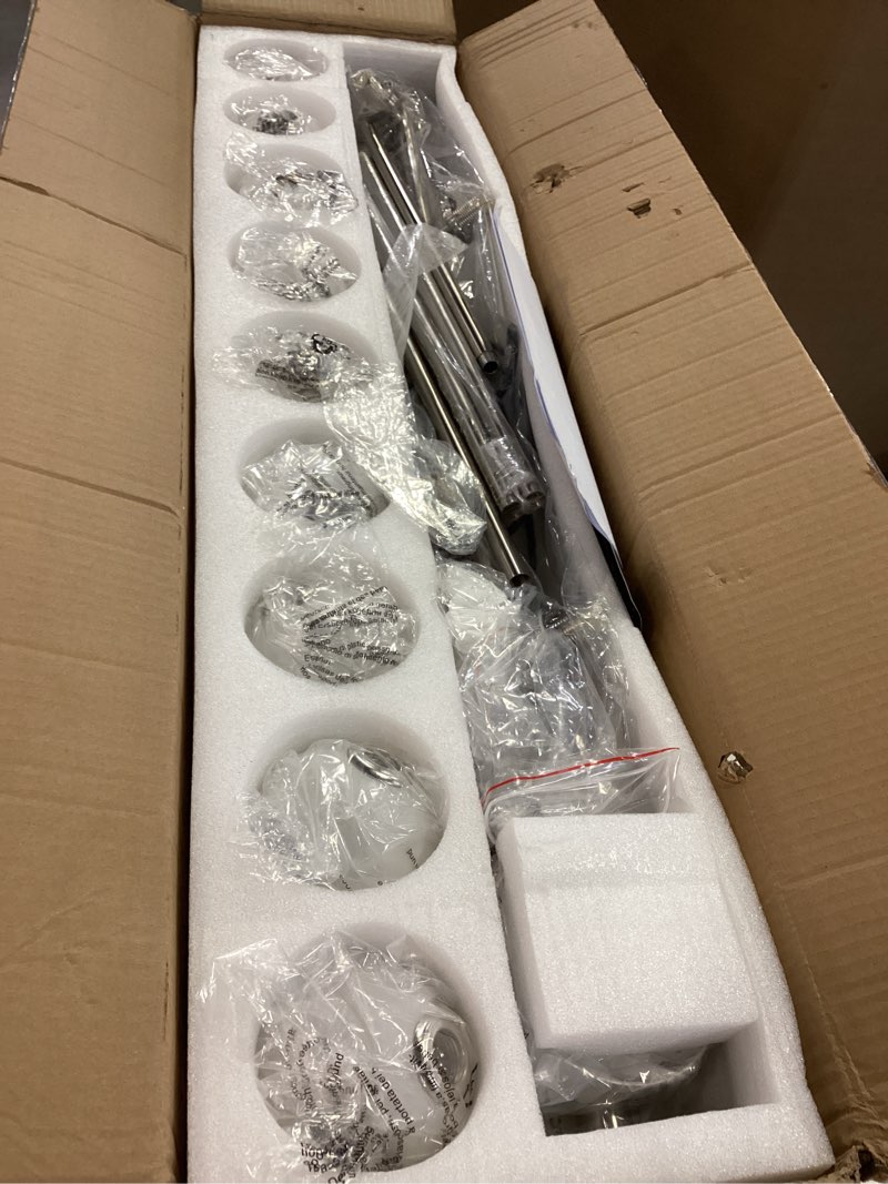 Condition photo showing Good Condition for Mid Century Modern Globe Sputnik Chandelier, 9-Light Linear Chandeliers for Dining Room and Kitchen Island, Dining Light Fixture Over Table, Nickel and Milk White Glass Bubble, 40 Inch Nickel Milk White 9-Light 40 Inch