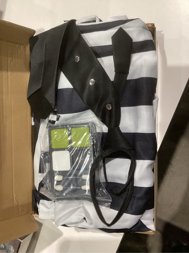 Condition photo showing Good Condition for Black and White Striped Suit Men Scary Halloween Costumes Adult Horror Comedy Movie Character Cosplay Outfit Shirt Tie X-Large