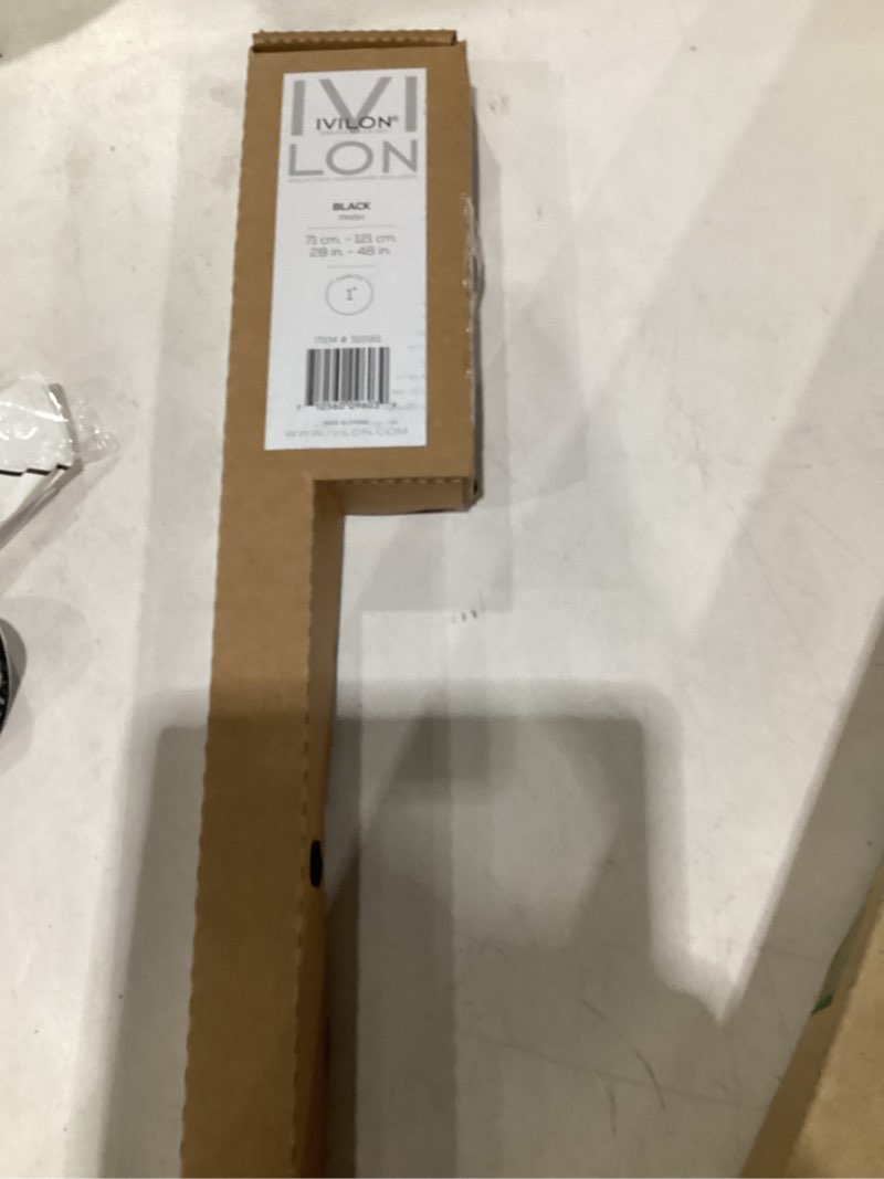 Condition photo showing New/Like New for ivilon curtain rod for windows 28 to 48 inch – 1 inch telescoping drapery rod, 2 long sections, end cap finials, black 28 to 48 in.