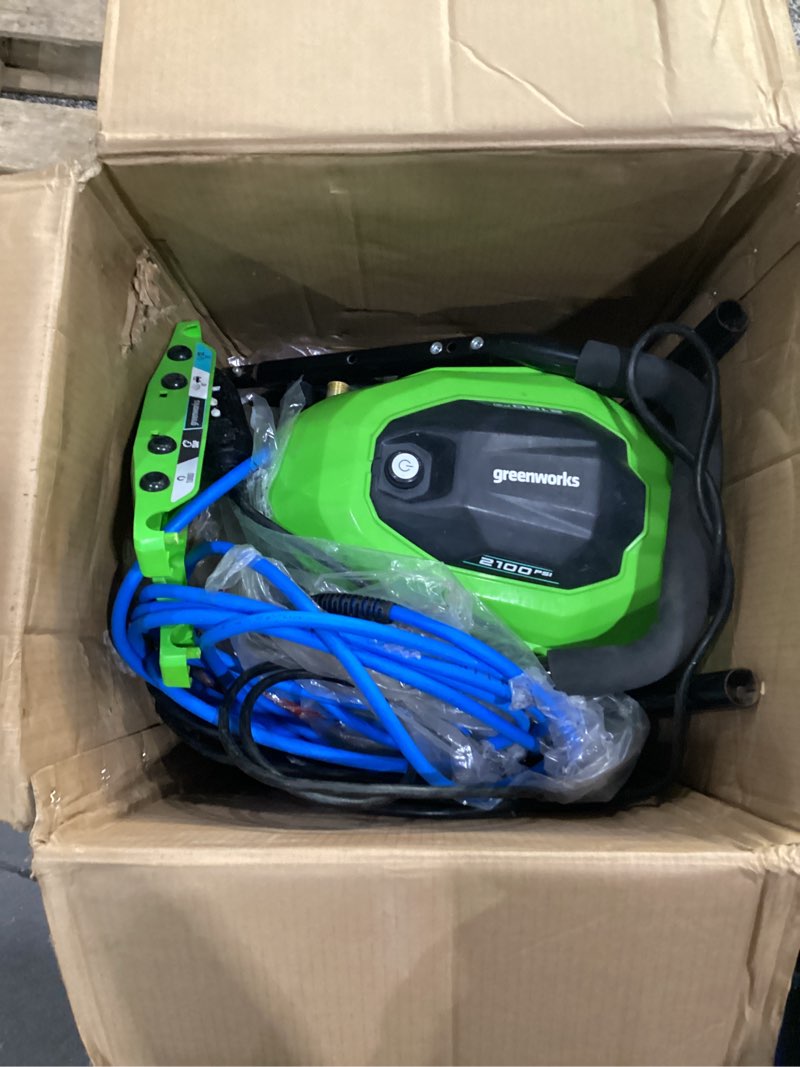 Condition photo showing As Is for USED NOT TESTED Greenworks 2300 PSI TruBrushless (2.3 GPM) Electric Pressure Washer, 25’ Hose, Quick Connect Wand, 15, 24, 40 Degree Soap and Turbo Nozzle