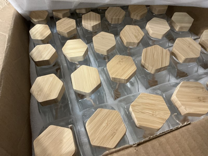 Condition photo showing New/Like New for Sunnyray 8 Pcs 220 ml Glass Honey Jars with Dipper Hexagonal Clear Glass Dispenser Small Honey Containers Bottle with Wooden Dipper and Cork Lid for Home Storage Kitchen