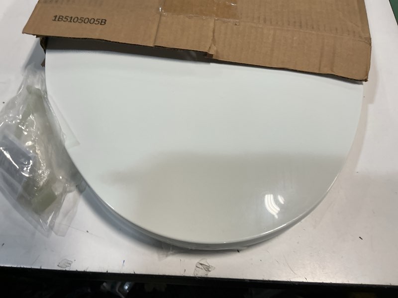 Condition photo showing As Is for mayfair universal size slow close toilet seat, durable plastic, fits round & elongated toilets, white one size fits all 1 seat