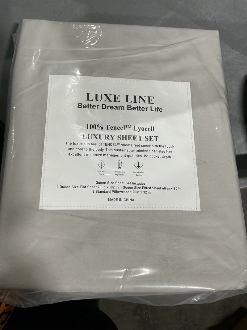 Condition photo showing New/Like New for 100% Lenzing Tencel Lyocell Queen Size Bed Sheet Set, 4 Piece Solid Light Grey Cooling Bed Sheet Set, Silky Soft & Luxury, 1 Deep Pocket Fitted Sheet & 1 Flat Sheet & 2 Pillowcases Light Grey Queen