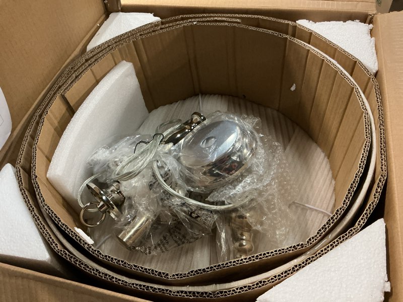 Condition photo showing Good Condition for 4-light drum chandeliers, drum pendant light fixture beige linen fabric shade, kitchen chandeliers over table,adjustable hanging light fixture for dining room,brushed nickel