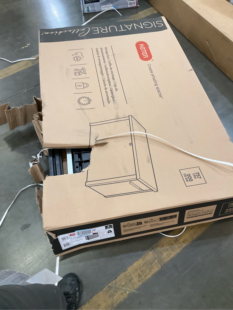 Condition photo showing As Is for keter denali 200 gallon resin large deck box with double wall 20mm panels - paintable and drillable-organization and storage for patio furniture and outdoor items, grey & black 200 gallons solid