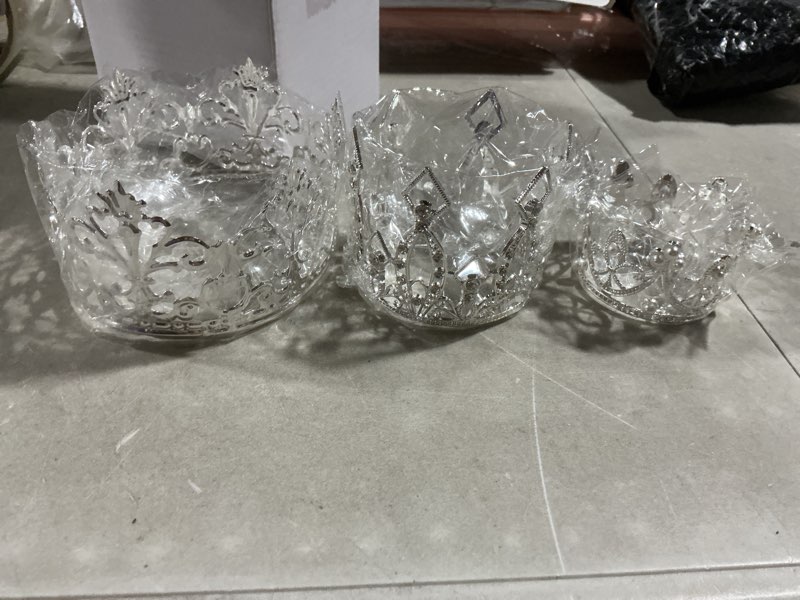 Condition photo showing Good Condition for ferraycle 4 pieces silver crown cake topper birthday mini flower bouquet crown cupcake toppers crystal pearl tiara wedding cake top hair ornament for doll flower arrangements wedding