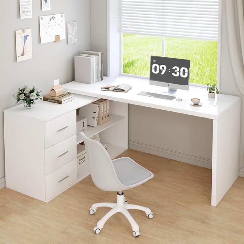 White L Shaped Desk with Drawers Shelves, Corner Home Office Desk L Shape with Storage Cabinet, Large Wood Computer Desk for PC Executive Work Writing Study, Modern Living Room Bedroom Table,60 In