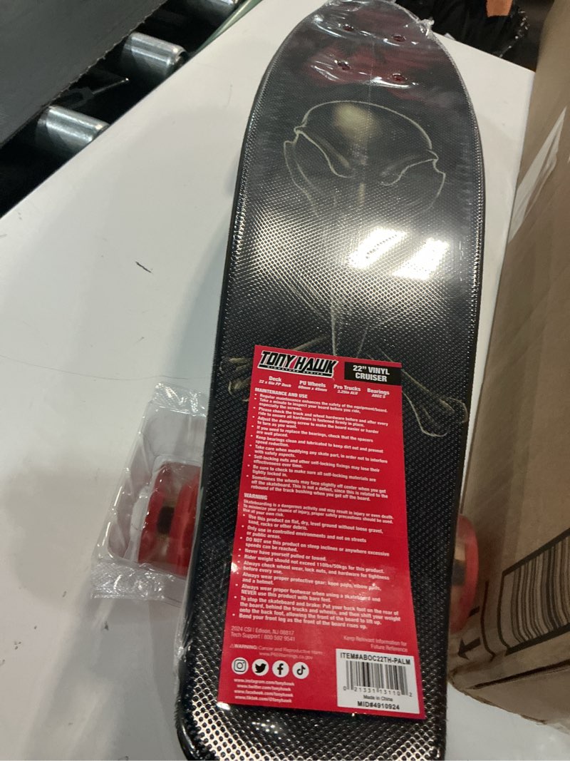 Condition photo showing New/Like New for tony hawk 22" complete cruiser skateboard, 9-ply maple deck skateboard for cruising, carving, tricks and downhill, crossbone