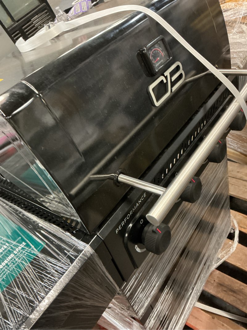 Condition photo showing As Is for charbroil classic 4-burner propane gas grill, 30,000 btu, 360 sq. in. cooking area, porcelain-coated grates, compact outdoor bbq grill with side shelves