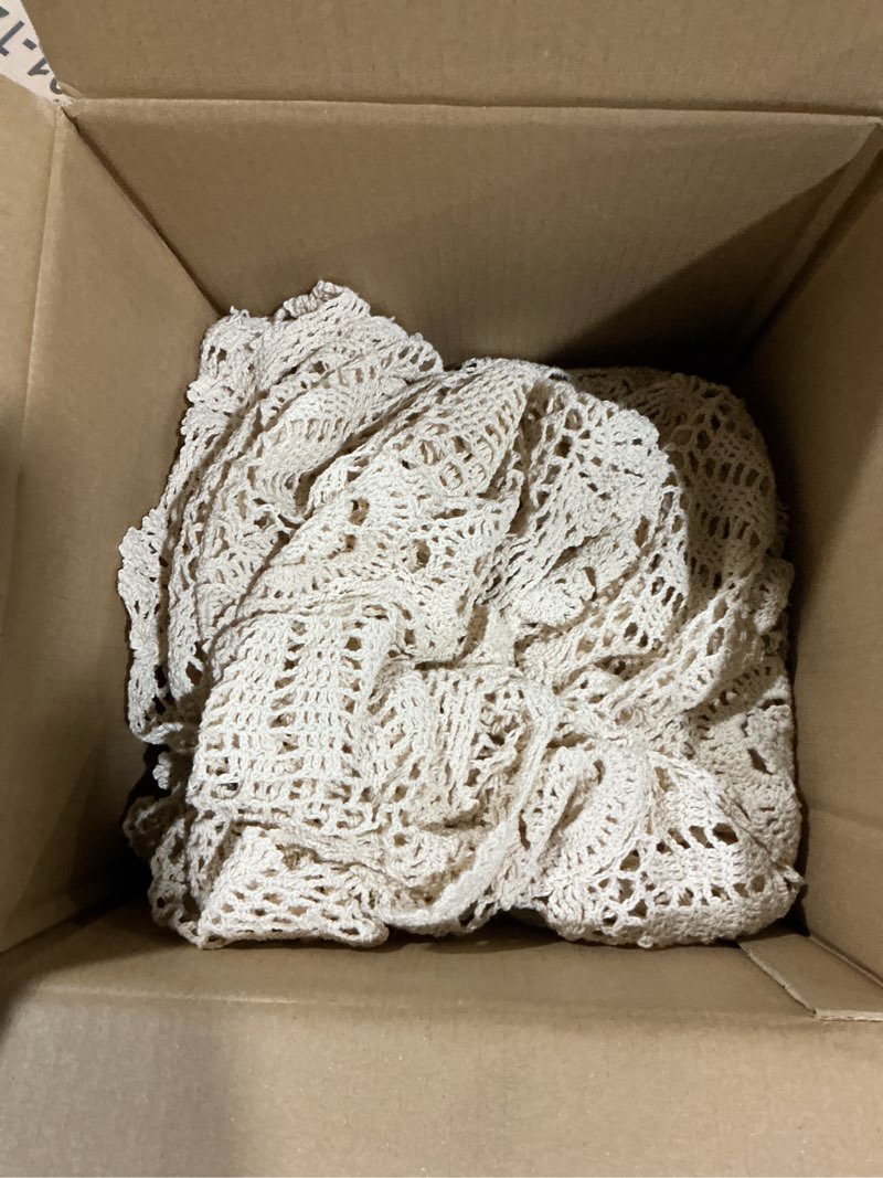 Condition photo showing As Is for similar to stock possibly used vintage crochet table cloth round lace doily handmade 100% cotton lace floral bohemian table cover scarf table topper for home wedding party decoration, beige, 33-inch