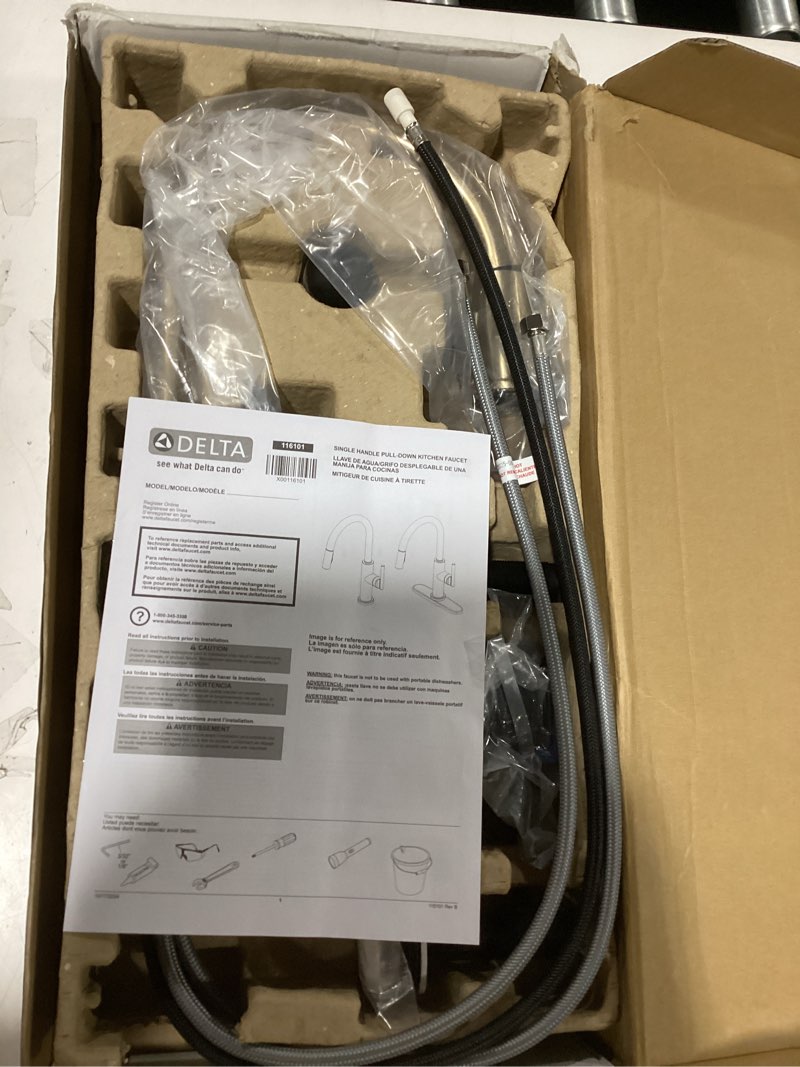 Condition photo showing Good Condition for delta finnridge brushed gold kitchen faucet with pull down sprayer, high pressure proclean spray modern single hole kitchen sink faucet, champagne bronze 19730lf-cz