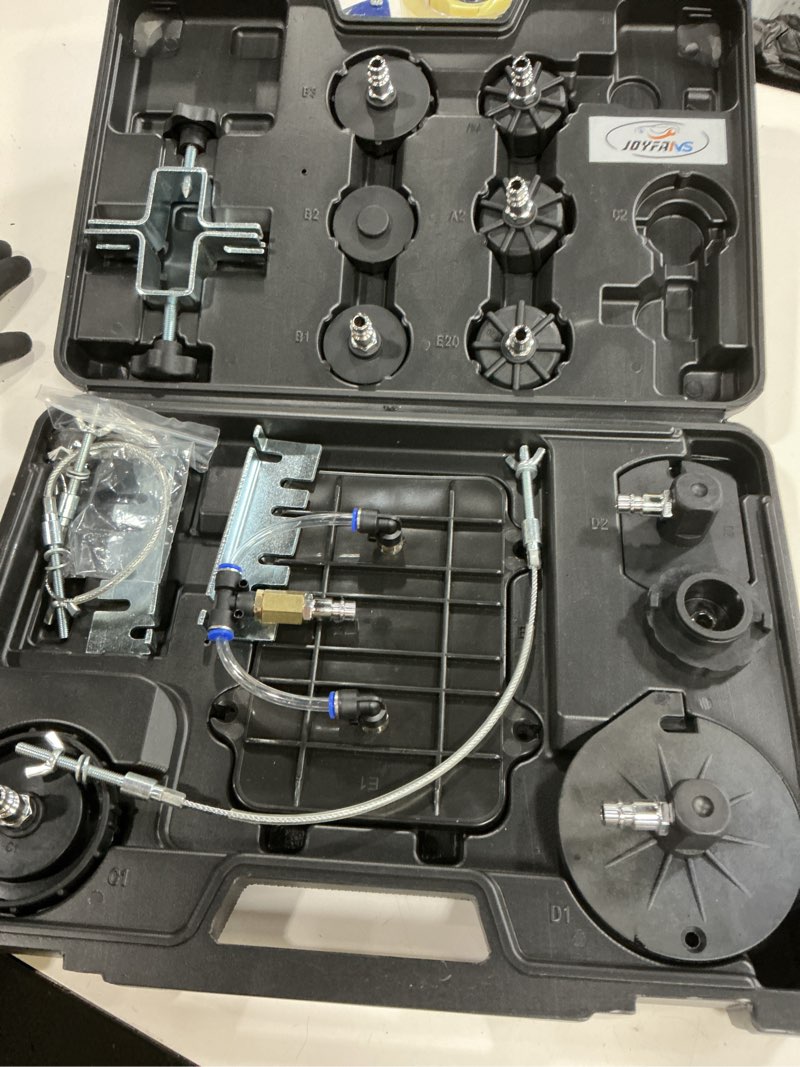 Condition photo showing Good Condition for joyfans brake bleeder kit, portable air pressure pneumatic brake bleed system, master cylinder brake & clutch fluid bleeding tool set with bleeder machine, collection bottle and adapters red cylinder