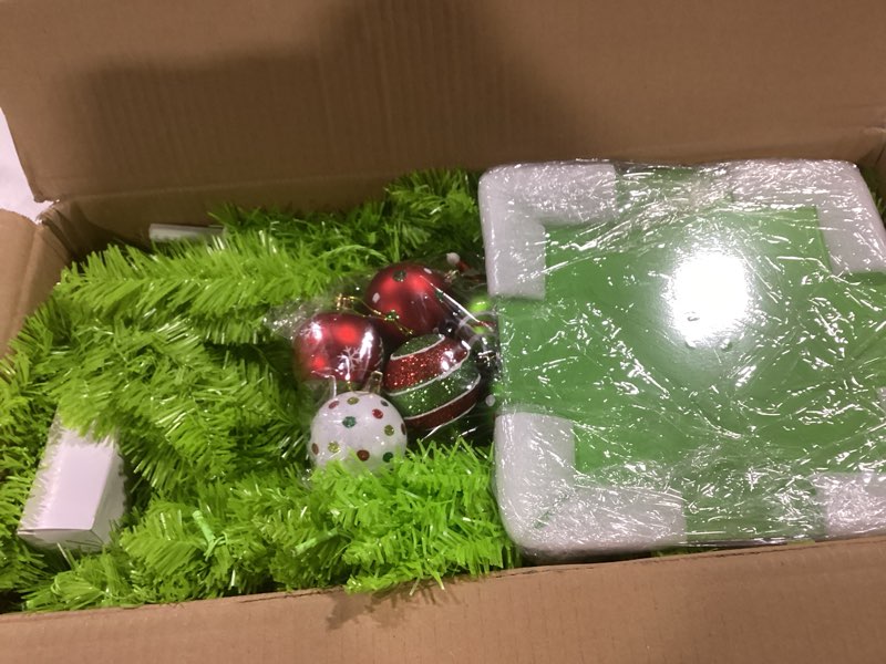 Condition photo showing Good Condition for 5.5 FT Lime Green Christmas Tree, Pre-Lit Curved Shape Artificial Xmas Tree with 150 LED Warm White Lights & Colorful Balls, 8 Lighting Modes Bendable Fake Pine Tree with Metal Base