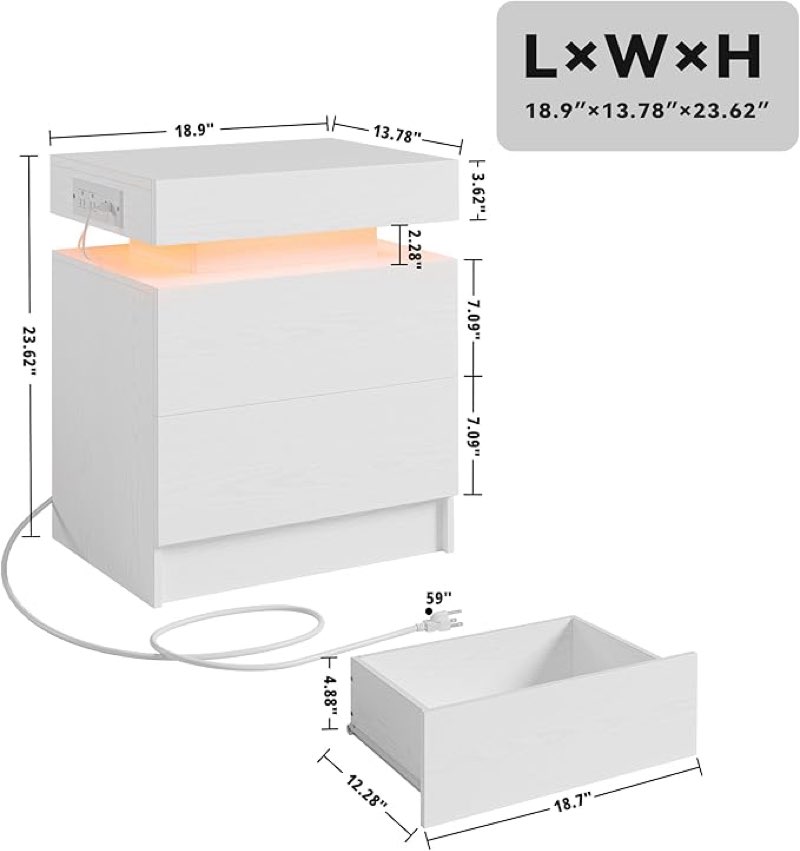 LIKIMIO Night Stand Set of 1 , Modern White Nightstand with with Charging Station, Bedside Tables with LED Light and Drawers, End Table for Bedroom
