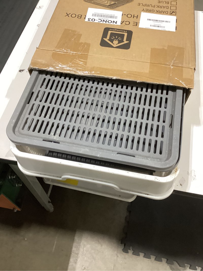 Condition photo showing As Is for cat litter box with litter mat, foldable extra large free in and out/one-way with lid, drawer type enclosed kitty litter box,odor control anti-splashing easy cleaning (dark grey)