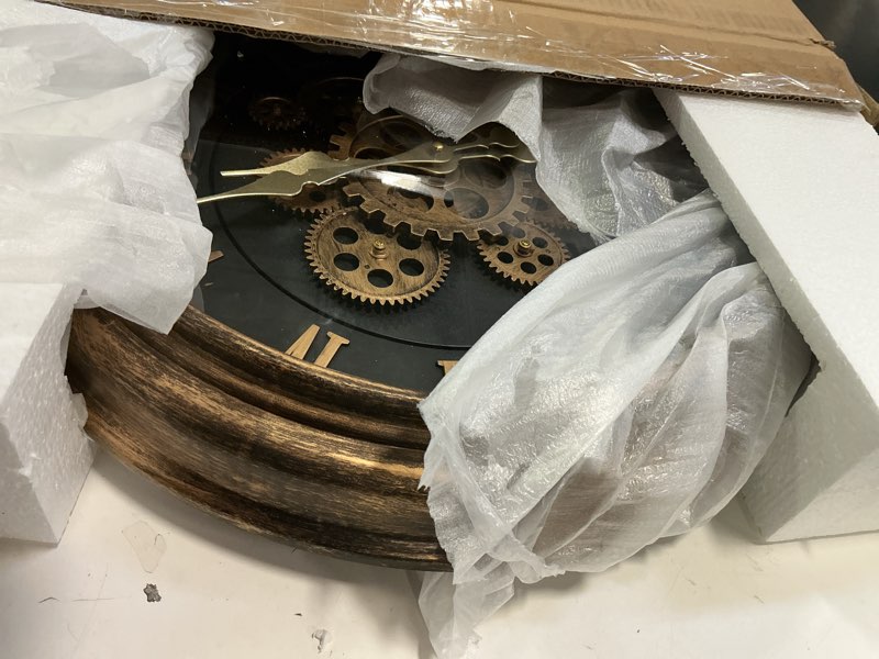 Condition photo showing Good Condition for Mrocioa 18 Inch Large Gear Clock Real Moving Gears Wall Clocks with Glass Cover, Big Industrial Steampunk Wall Hanging Home Decor Clock, Mid-Century Favor Grandfather Clocks (Gold, 18 inches) Gold 18 inches