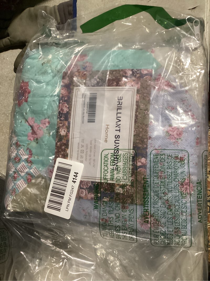 Condition photo showing Good Condition for Brilliant Sunshine Blue and Green Rose Patchwork Couch Cover, Quilted Oversized Loveseat Slipcover, 54" Seat Width, Slip Resistant Furniture Protector, 2" Strap, Washable, for Pets, Kids, Blue Green 54" Loveseat Oversized Blue Green