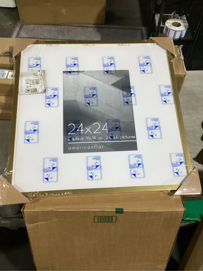 Condition photo showing New/Like New for americanflat 24x24 picture frame with polished plexiglass - use as 11x14 frame with mat or display 24x24 photo without mat - streamline collection - thin border square frames for wall display - gold gold 24x24 white mat
