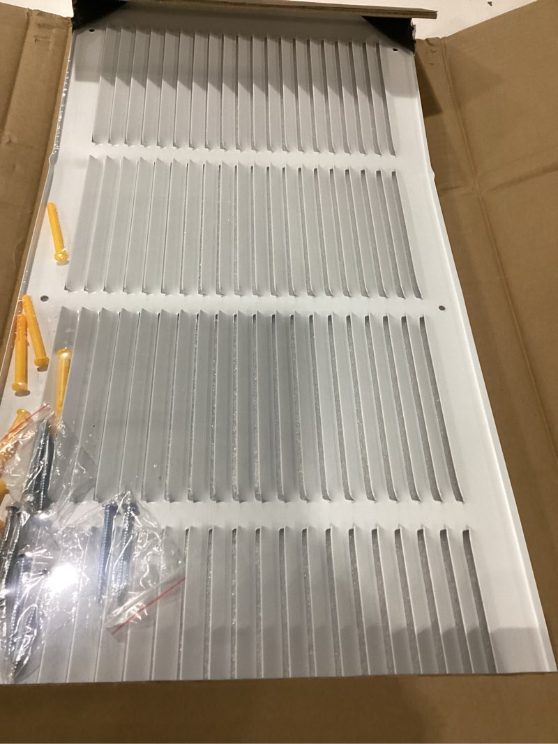 Condition photo showing New/Like New for fancat 24x10 duct opening | steel return air grille | vent cover grill for sidewall and ceiling | hvac cold air intake grille | white | outer dimensions: 25.75"w x 11.75" 24''wx10''h [duct opening]