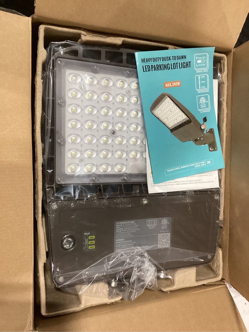 Condition photo showing Good Condition for LED Parking Lot Light Outdoor, Pole Light Fixture with Dusk to Dawn photocell,Shoebox Lighting with Adjustable Arm Mount,240W 38400LM Commercial Flood Lighting for Parking Lot,Roadway 1 Pack