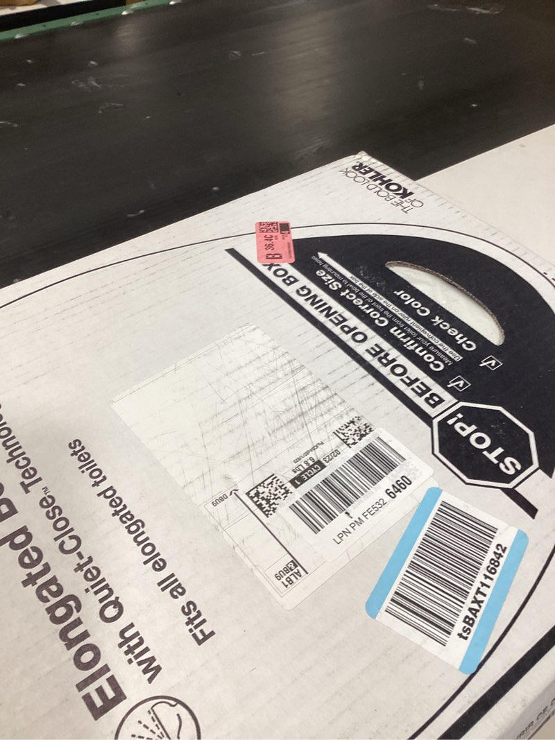 Condition photo showing New/Like New for kohler stonewood quiet-close elongated toilet seat, slow close design, durable wood, easy installation, universal fit, white finish, k-20466-0