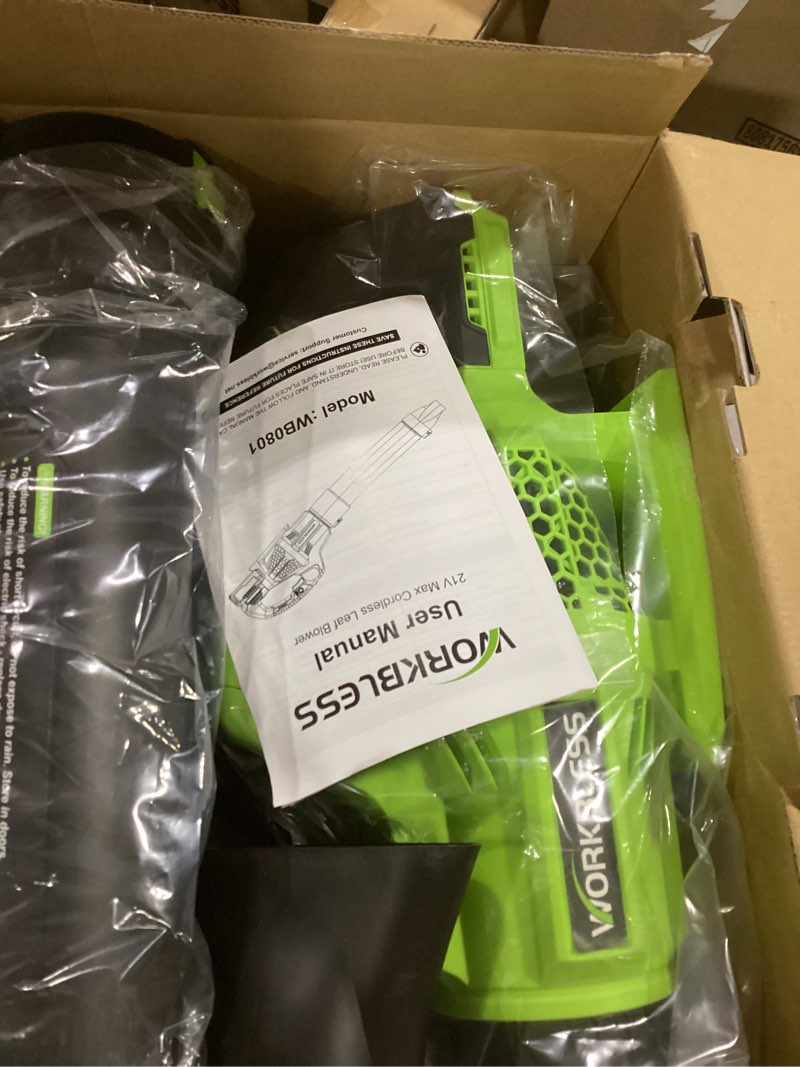 Condition photo showing Good Condition for Leaf Blower Cordless, 21V Electric Leaf Blower with 2 x 4.0Ah Batteries and Fast Charger, 22000RPM & 6 Speed Adjustable Blower for Lawn Care, Patio Cleaning, Dust, Snow Care(Green)